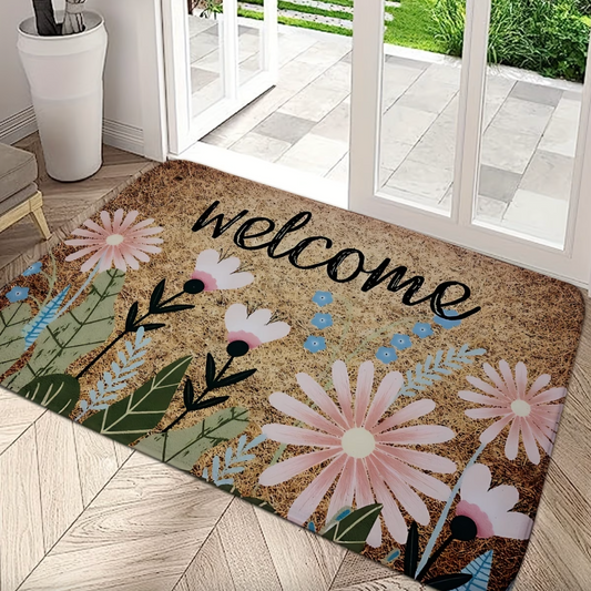 Daisy Print Welcome Mat with Non Slip Backing