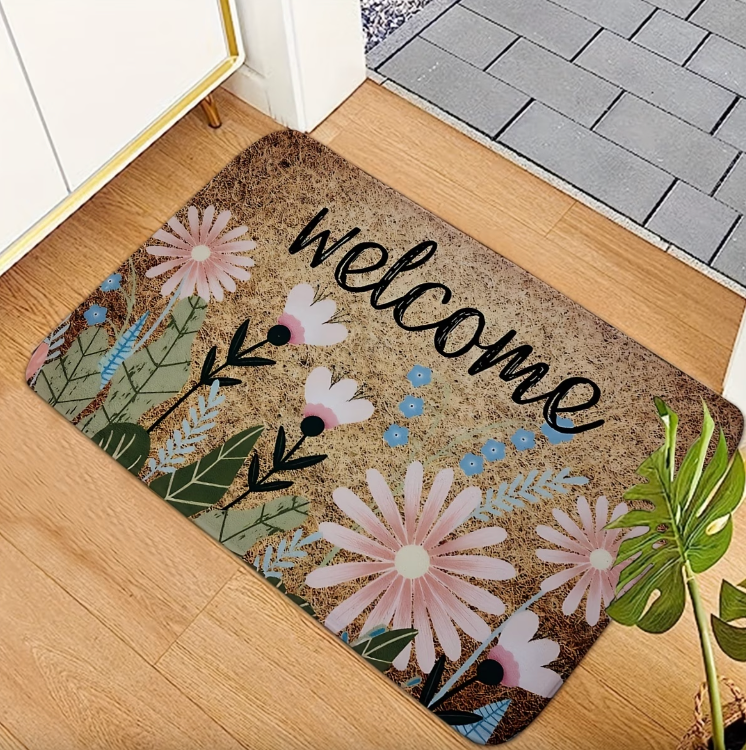 Daisy Print Welcome Mat with Non Slip Backing, view 2