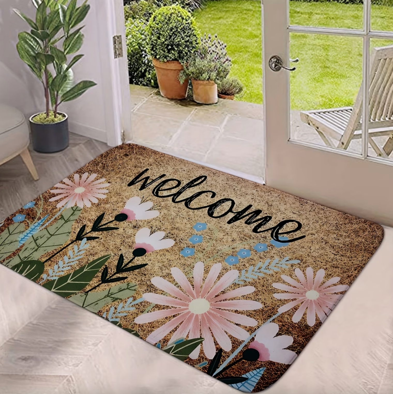 Daisy Print Welcome Mat with Non Slip Backing, view 4