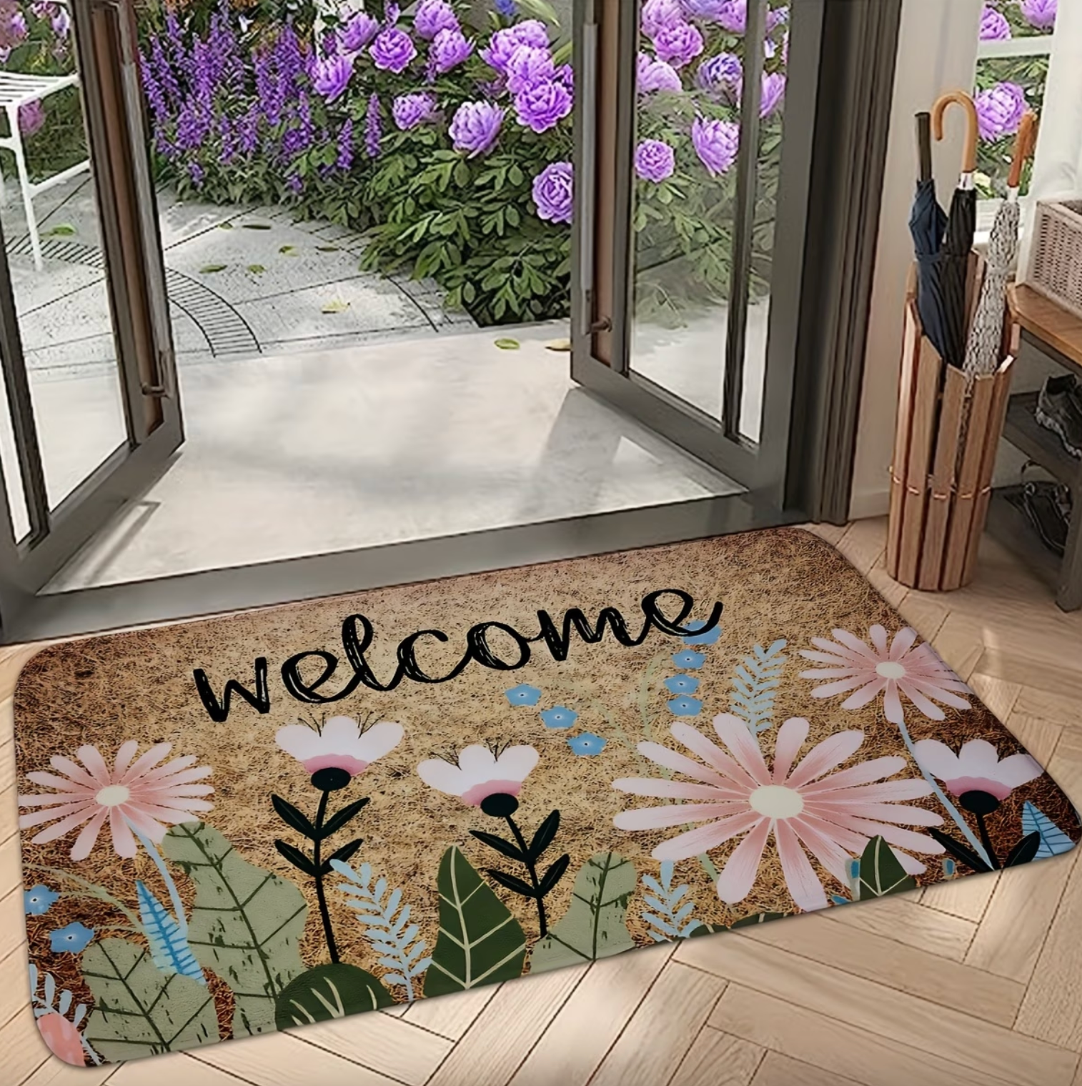 Daisy Print Welcome Mat with Non Slip Backing, view 5