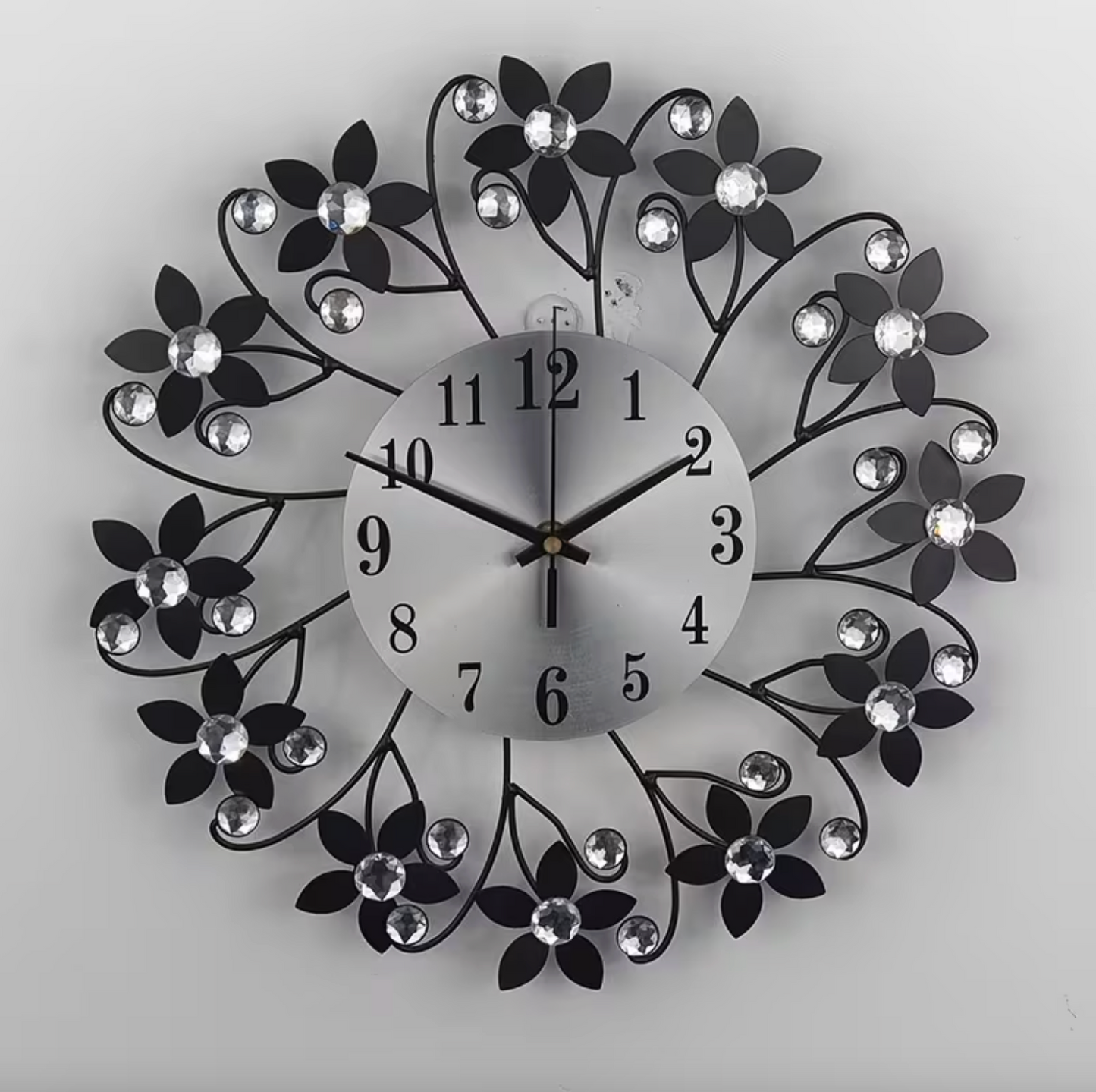 Floral Metal Wall Clock with Crystal Accents