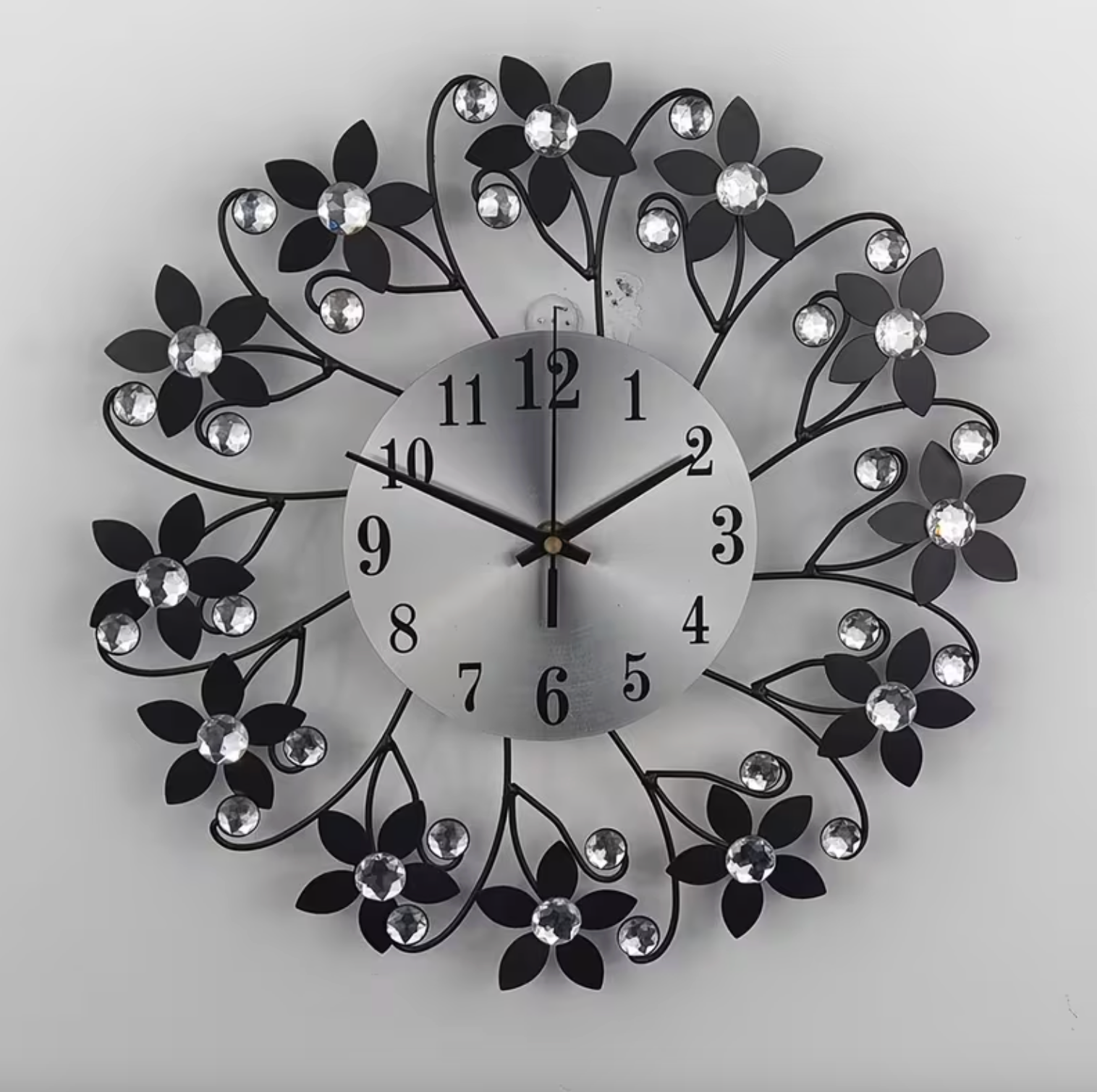 Floral Metal Wall Clock with Crystal Accents