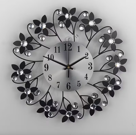 Floral Metal Wall Clock with Crystal Accents
