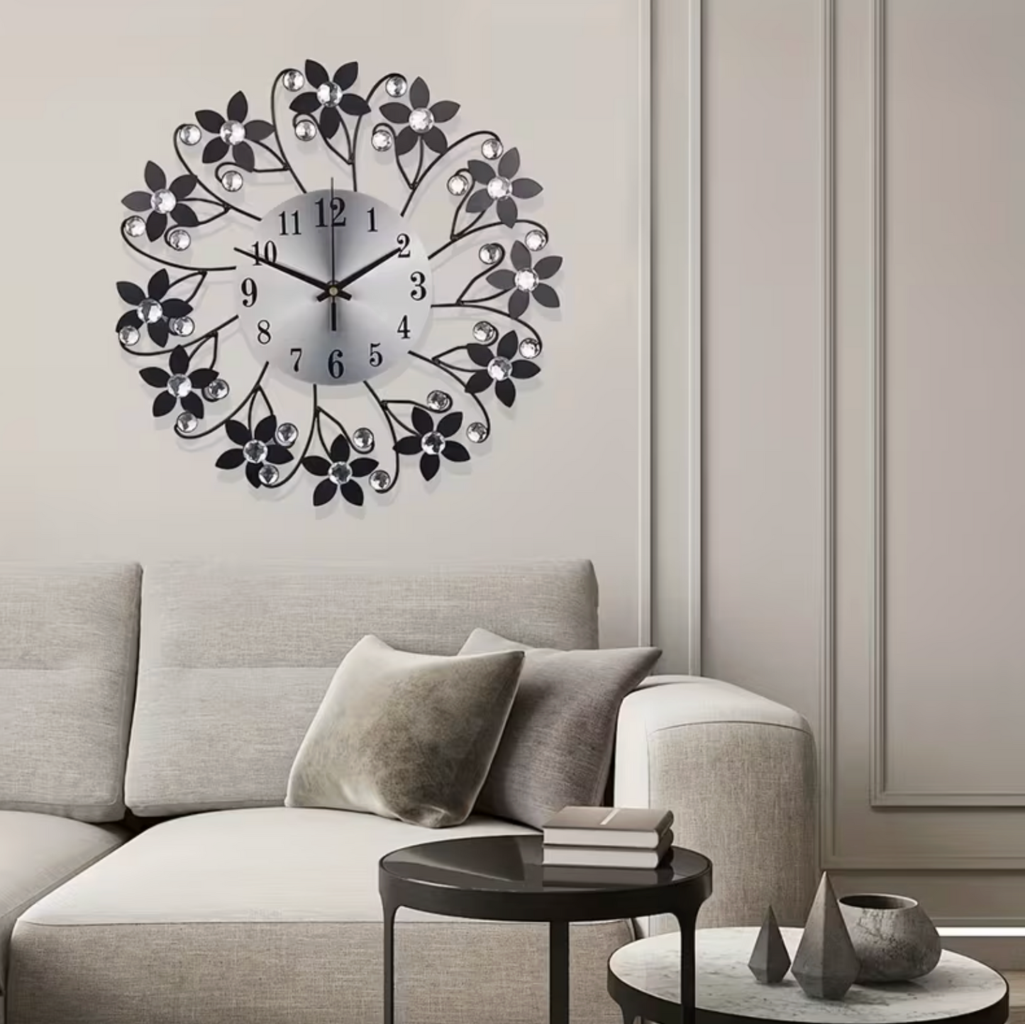 Floral Metal Wall Clock with Crystal Accents, view 5