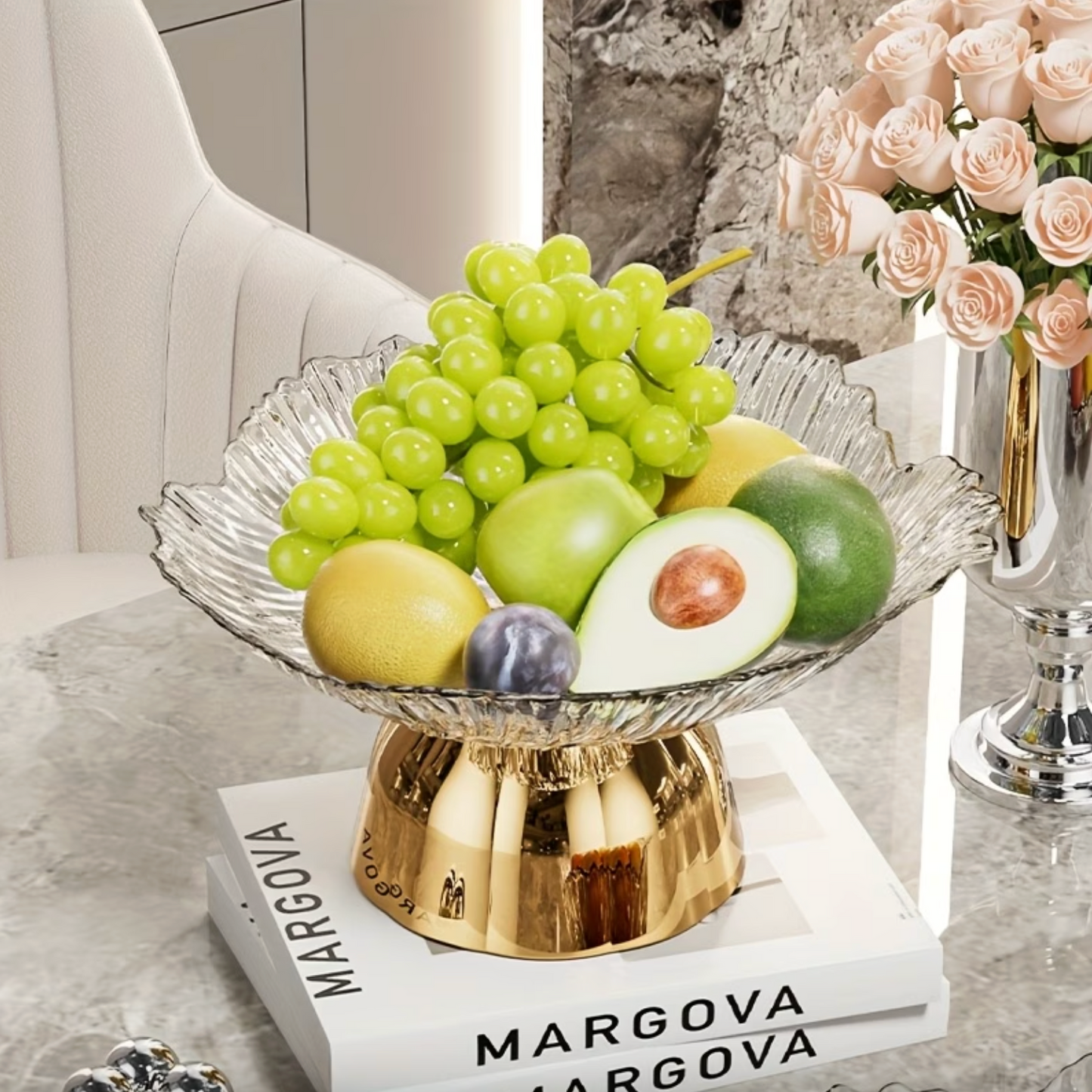 Footed Glass Serving Bowl with Mirrored Pedestal, view 7