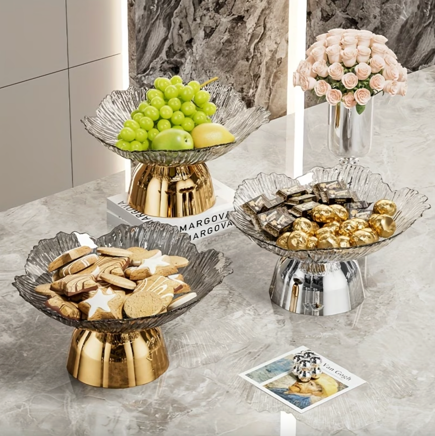 Footed Glass Serving Bowl with Mirrored Pedestal, view 6