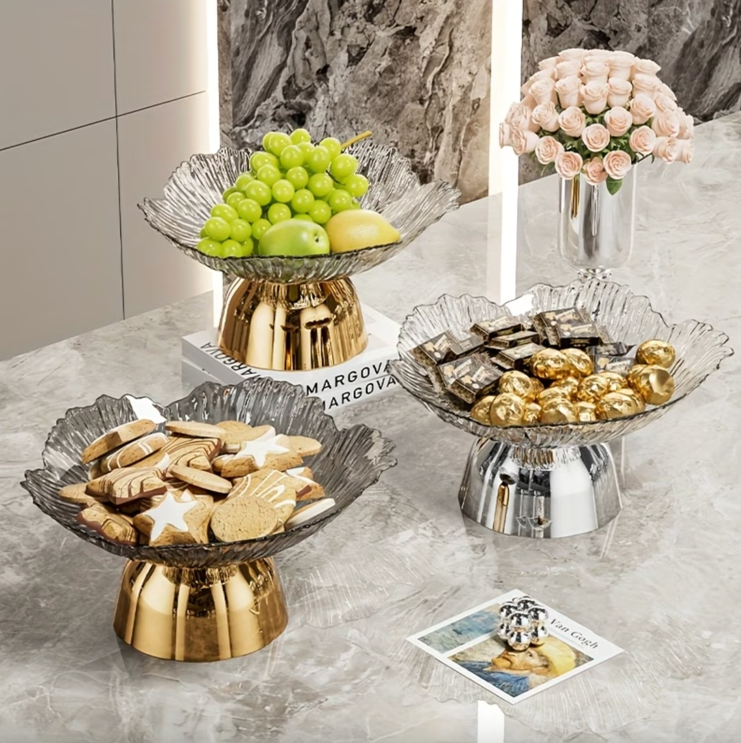 Footed Glass Serving Bowl with Mirrored Pedestal, view 6