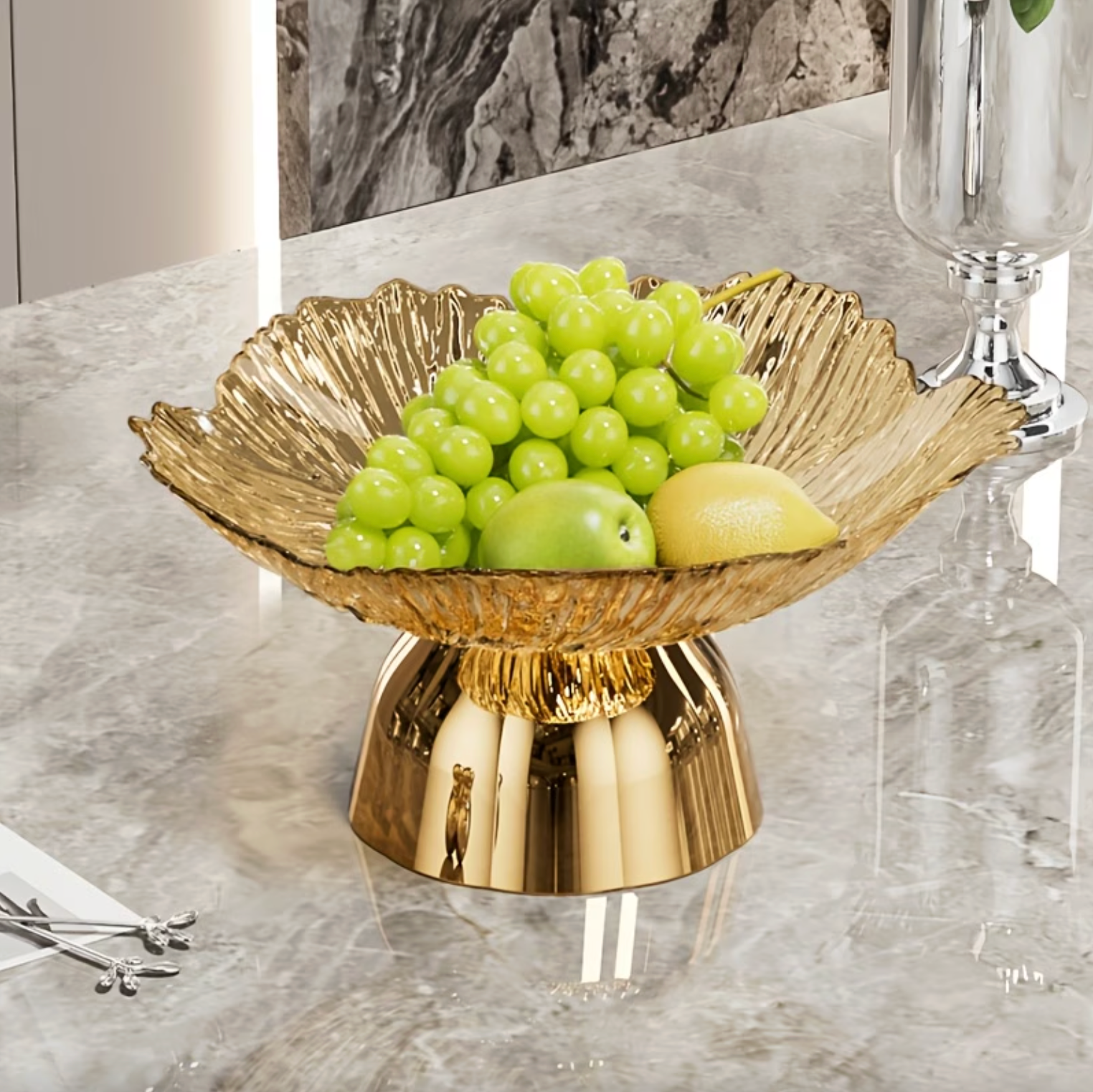 Footed Glass Serving Bowl with Mirrored Pedestal, view 8