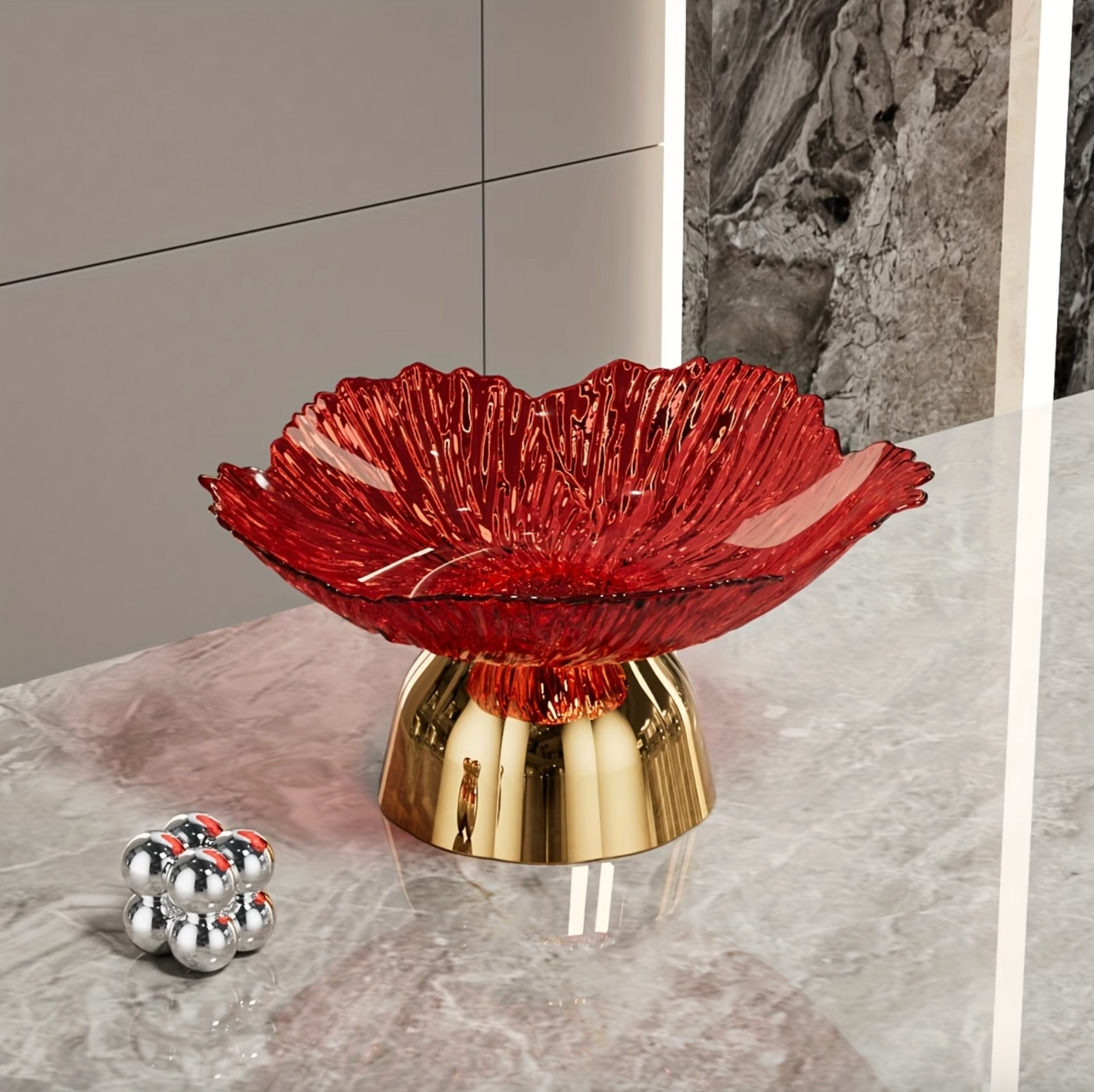 Footed Glass Serving Bowl with Mirrored Pedestal, view 2