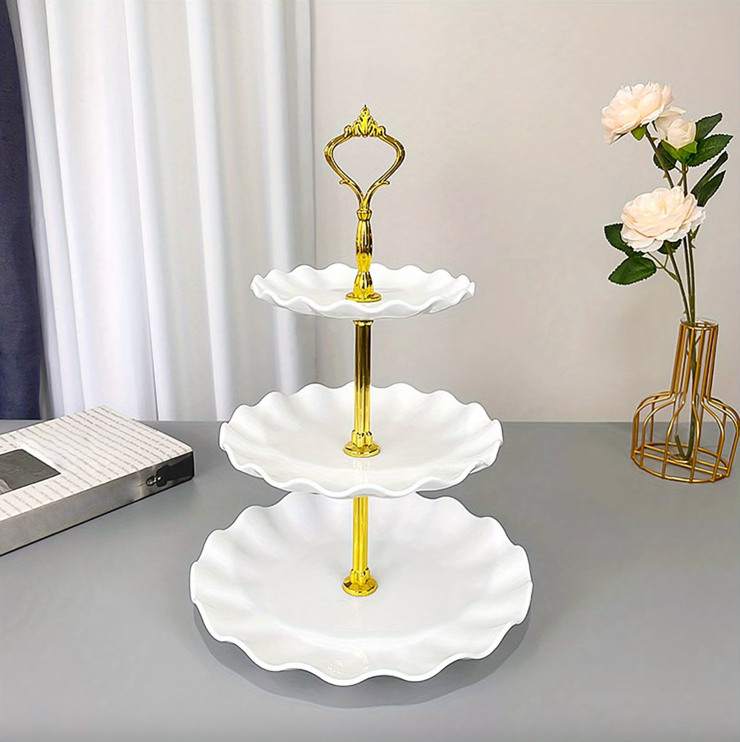 Three Tier Serving Stand with Ruffled Trays, view 12