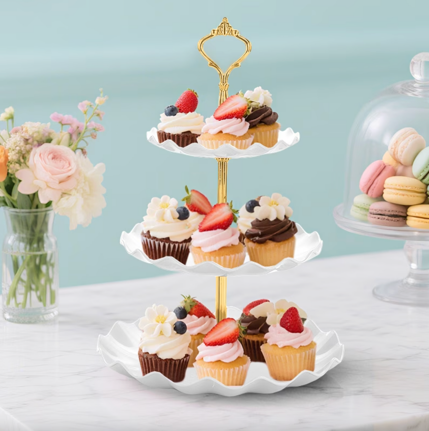 Three Tier Serving Stand with Ruffled Trays, view 3