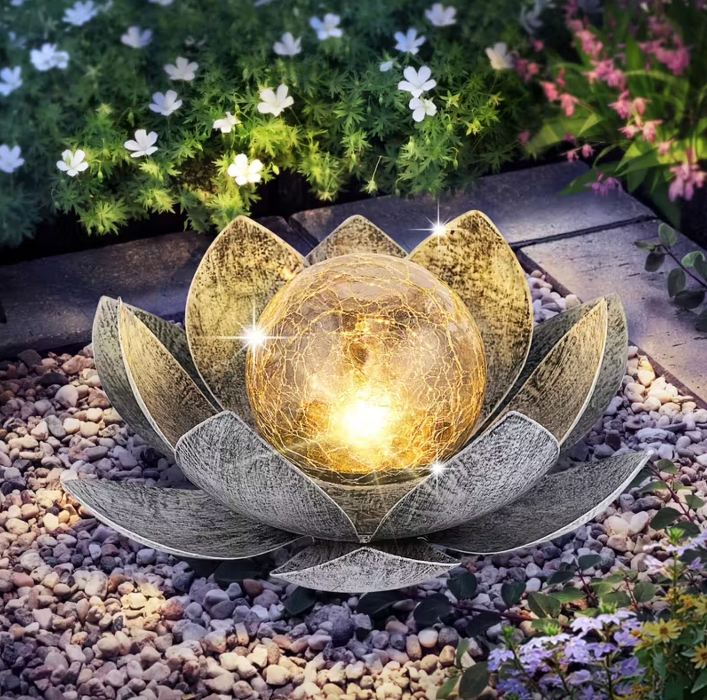 Solar Lotus Flower Garden Light with Glowing Orb, view 4