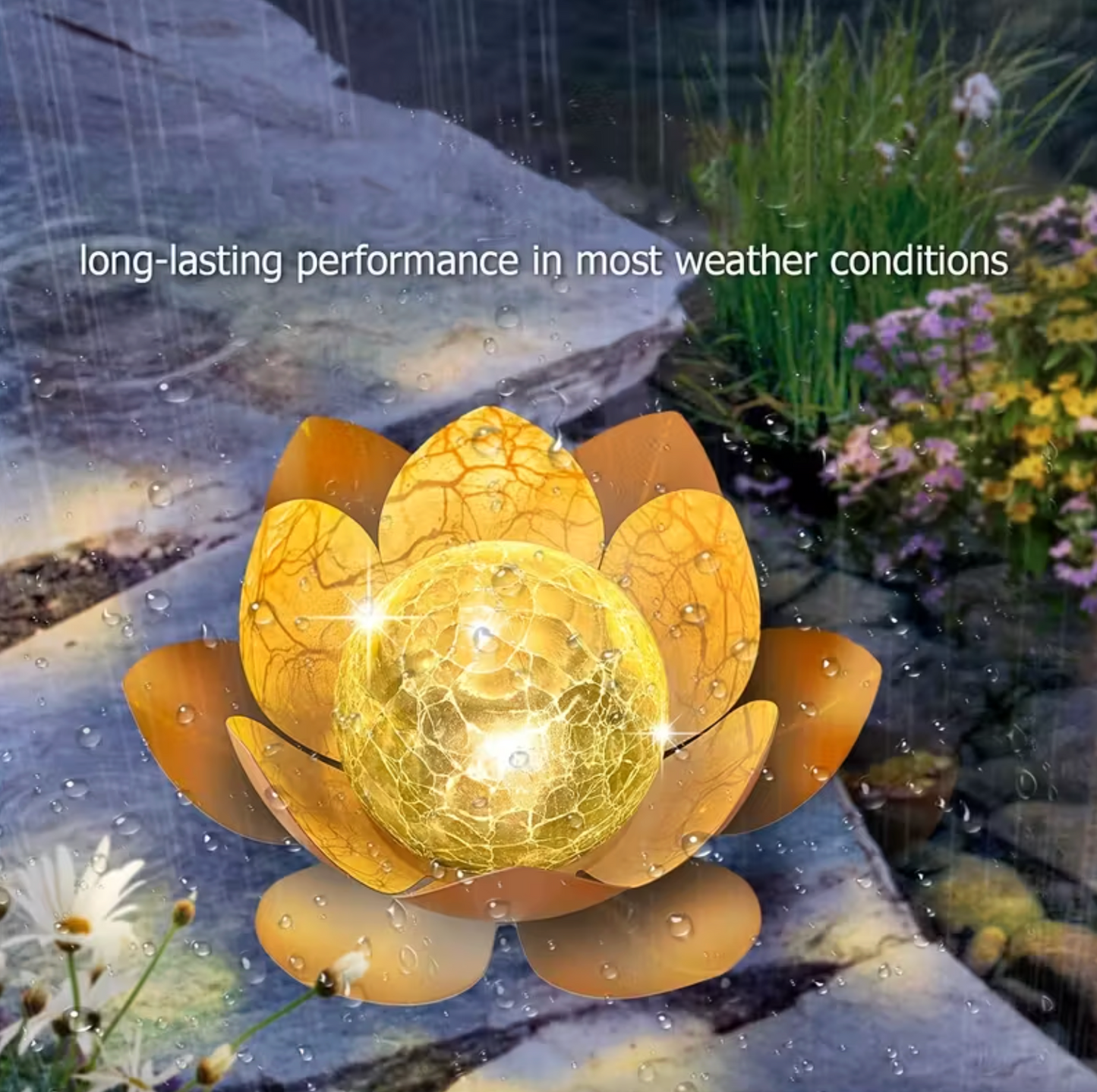 Solar Lotus Flower Garden Light with Glowing Orb, view 7
