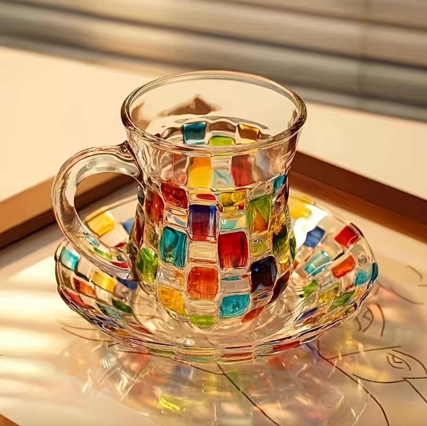 Mosaic Stained Glass Teacup and Saucer, 4.7 oz
