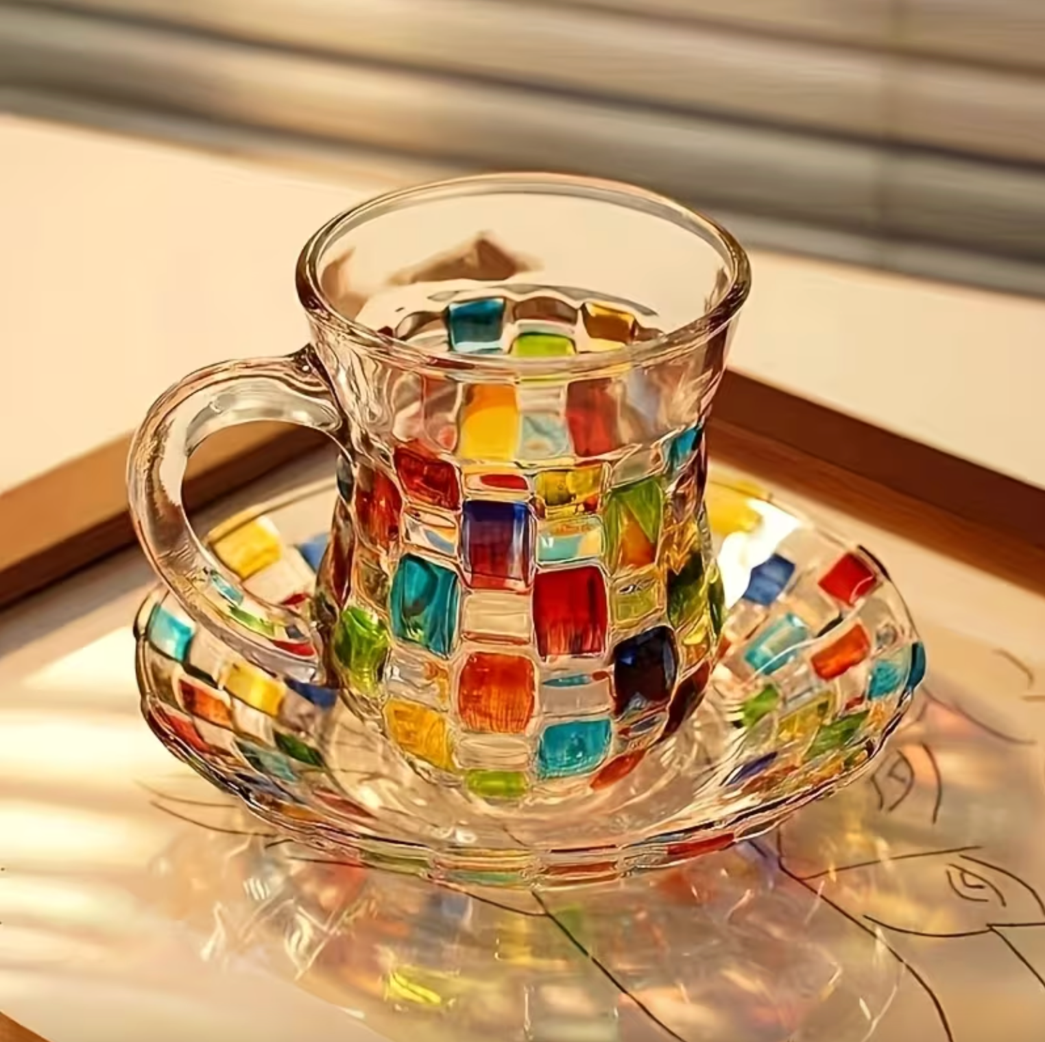 Mosaic Stained Glass Teacup and Saucer, 4.7 oz