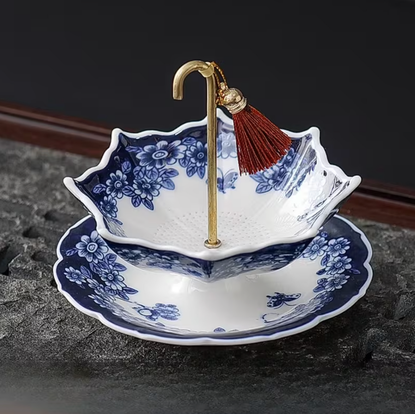 Ceramic Umbrella Tea Infuser with Blue Floral Print, view 2