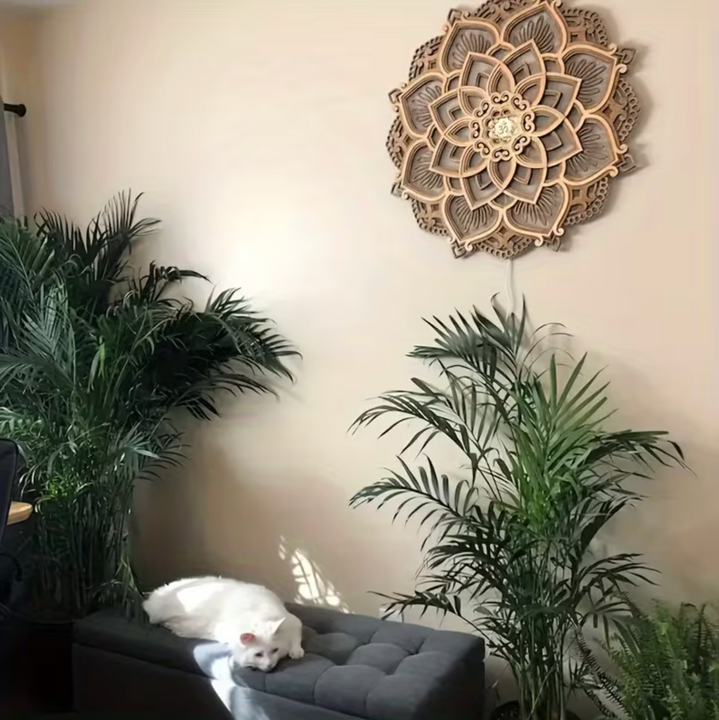 Layered Wood Mandala Wall Light, 11.8 in, USB, view 4