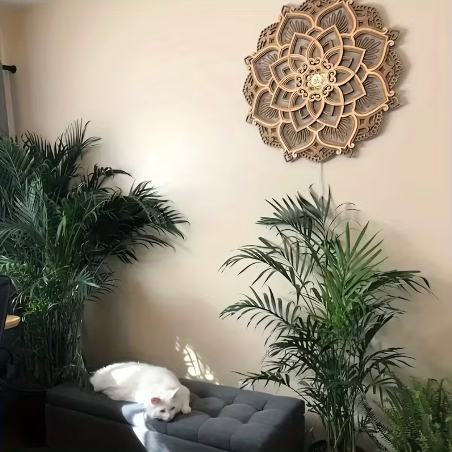 Layered Wood Mandala Wall Light, 11.8 in, USB, view 4