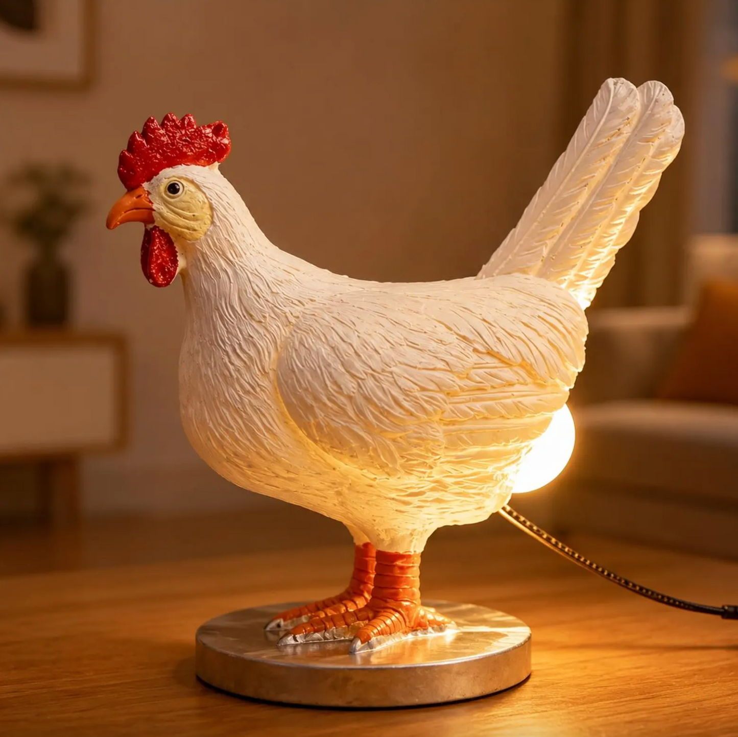 Chicken Table Lamp with a Glowing Egg Bulb