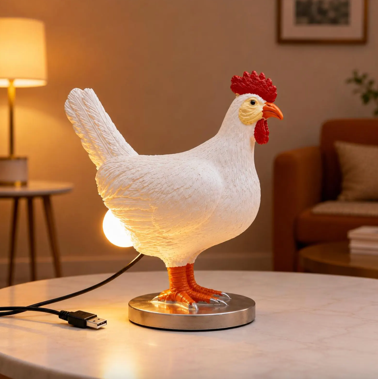 Chicken Table Lamp with a Glowing Egg Bulb, view 3