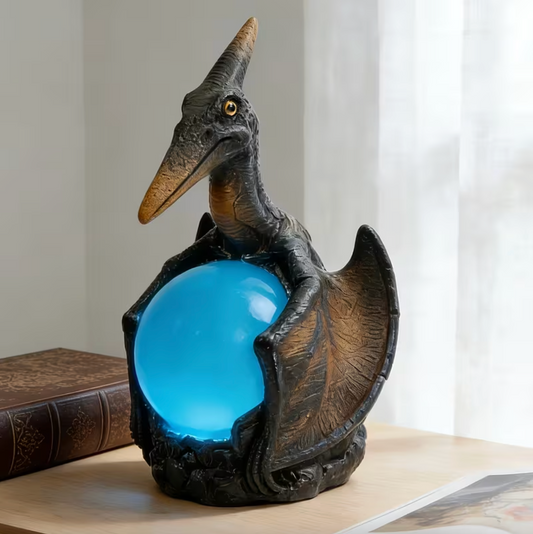Winged Guardian Lamp with a Glowing Blue Orb