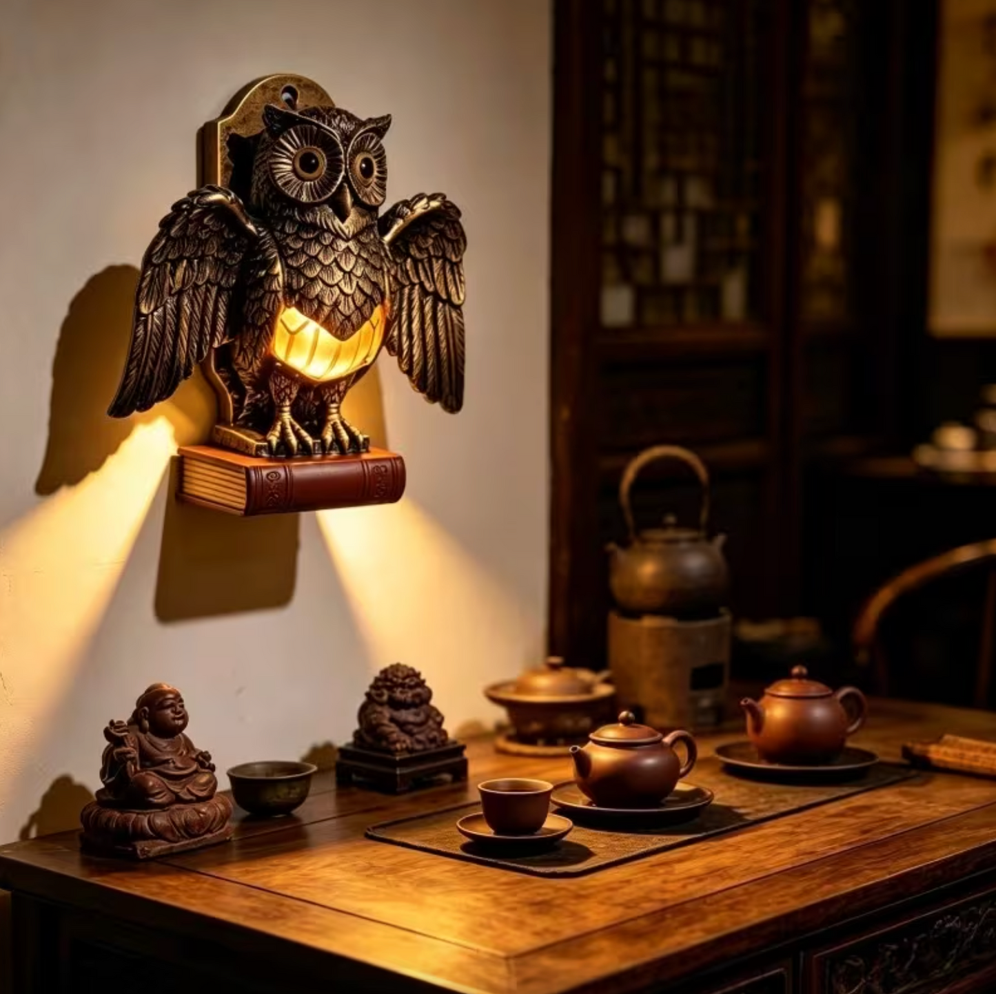 Owl Wall Lamp with Spread Wings and a Glowing Belly, view 7