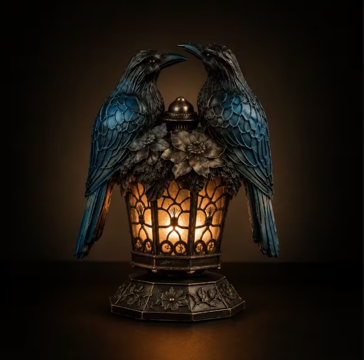 Twin Raven Lantern with Glowing Amber Panels
