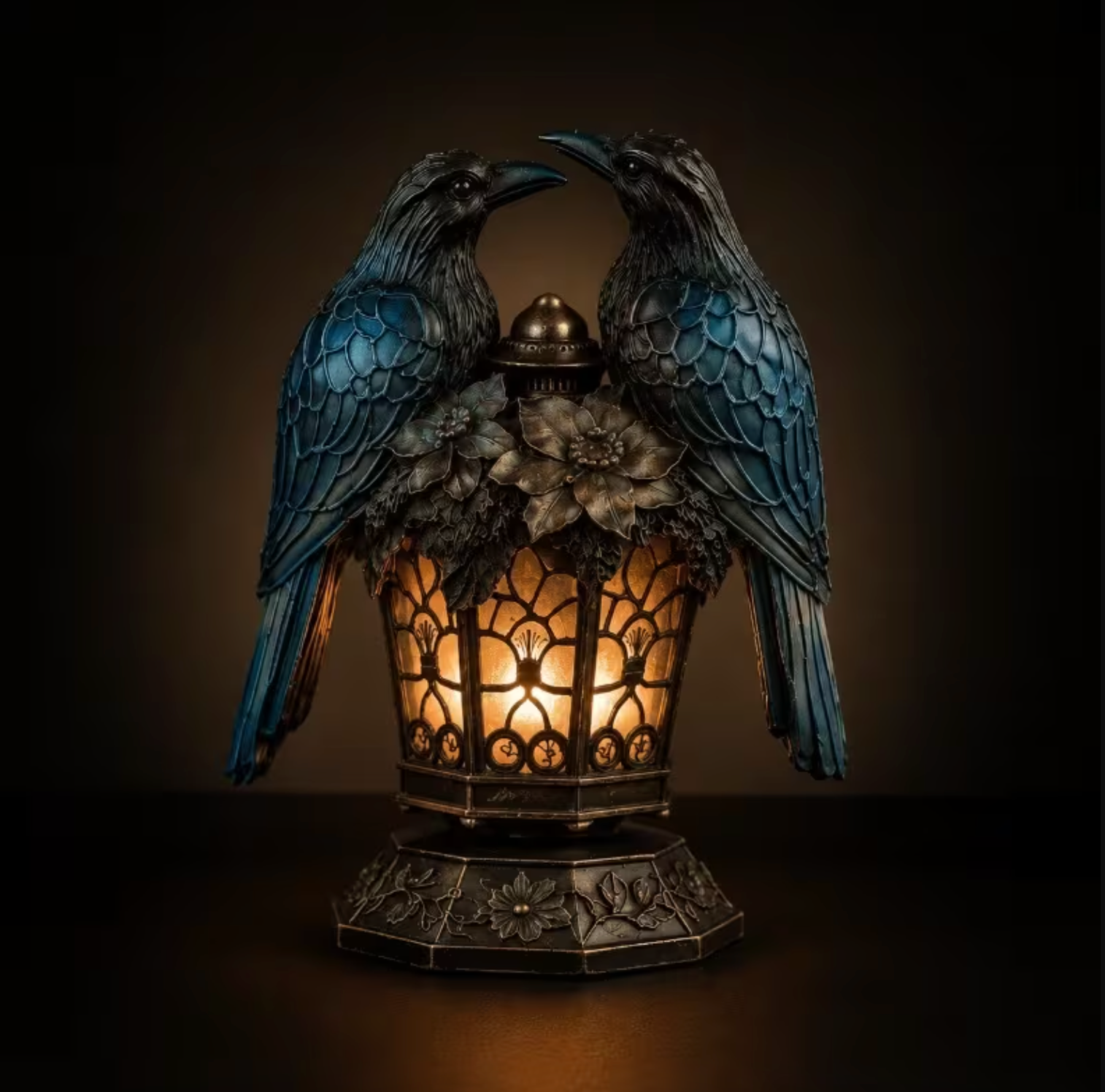 Twin Raven Lantern with Glowing Amber Panels