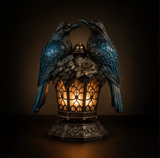 Twin Raven Lantern with Glowing Amber Panels