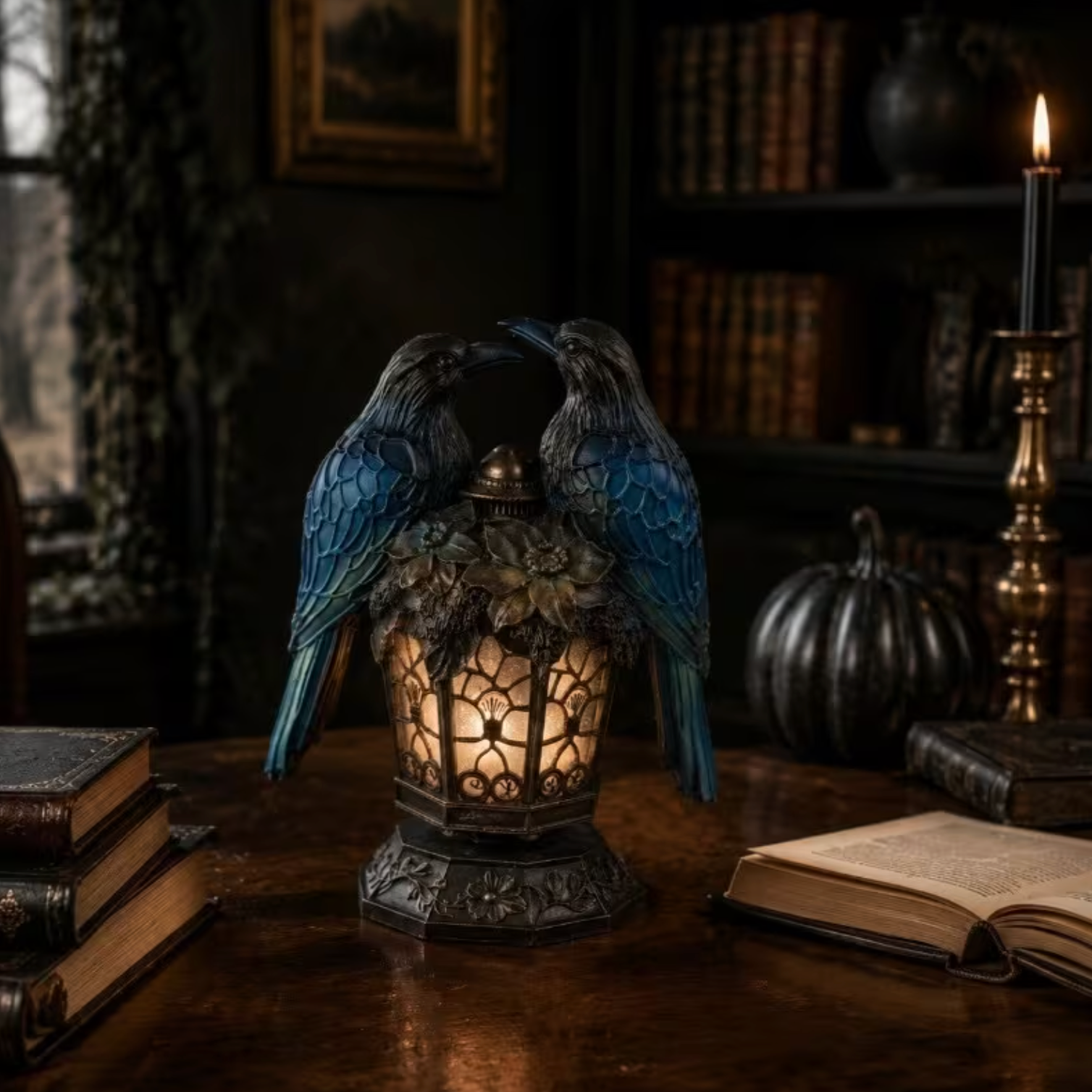 Twin Raven Lantern with Glowing Amber Panels, view 3