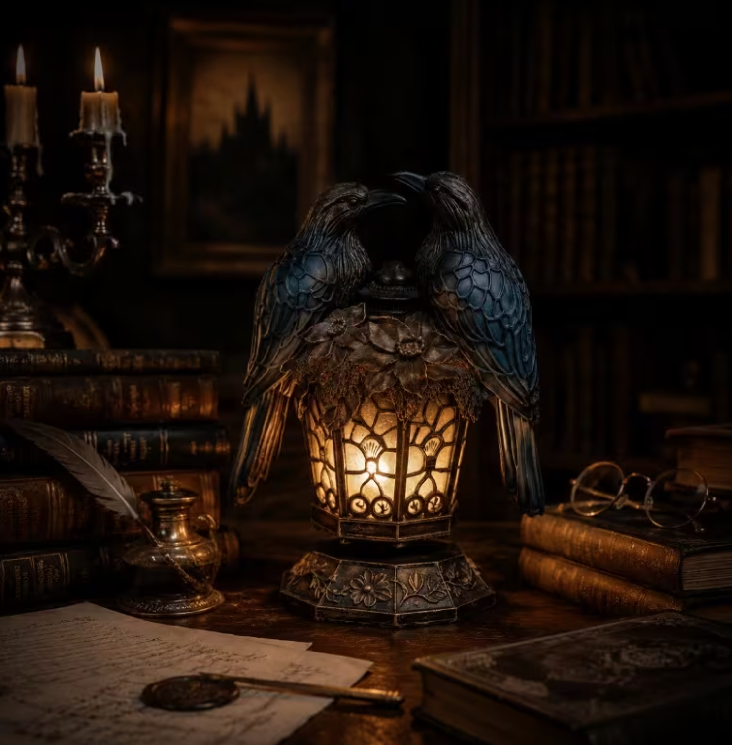 Twin Raven Lantern with Glowing Amber Panels, view 4