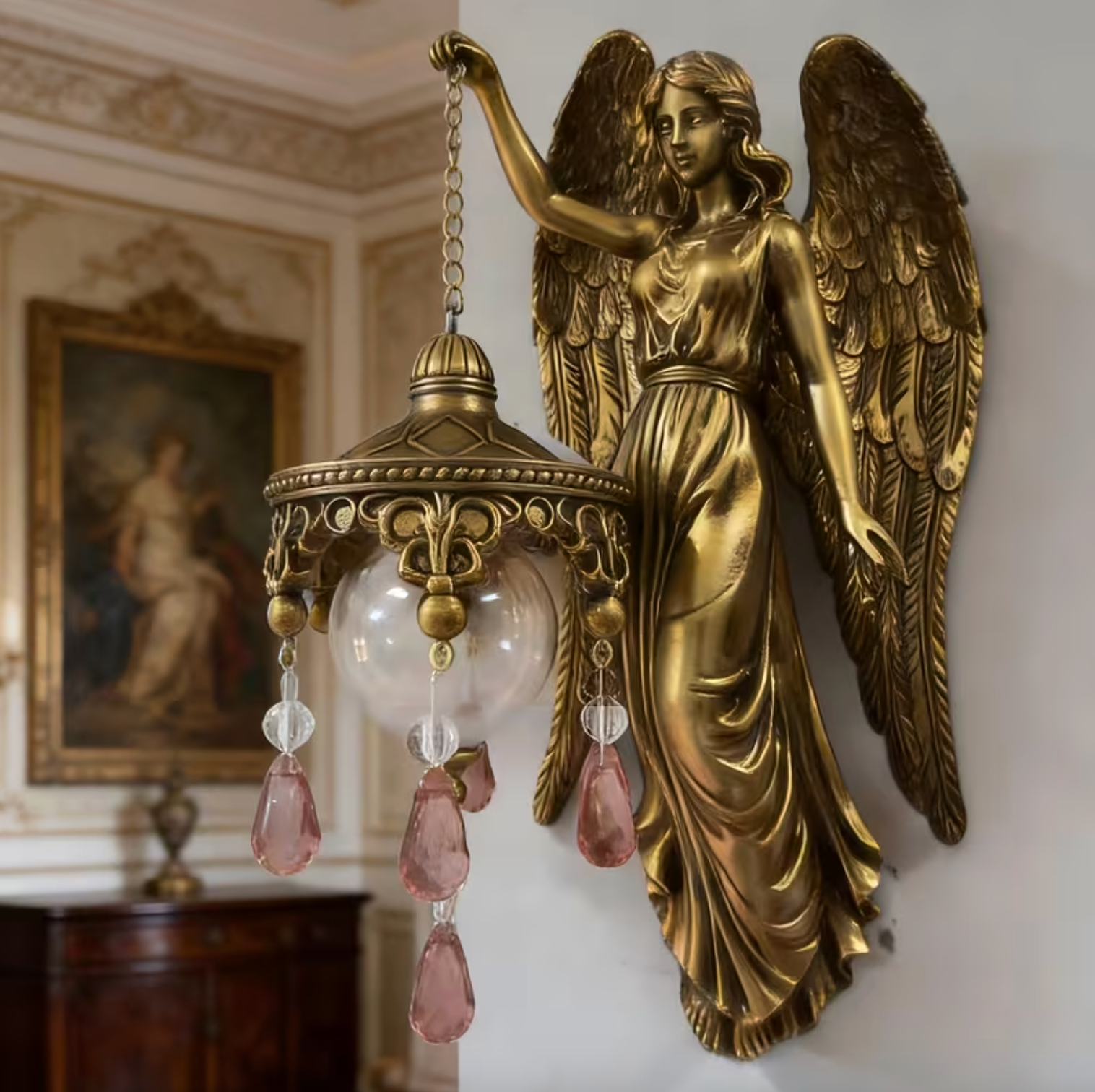 Angel Wall Lamp with Hanging Crystal Lantern