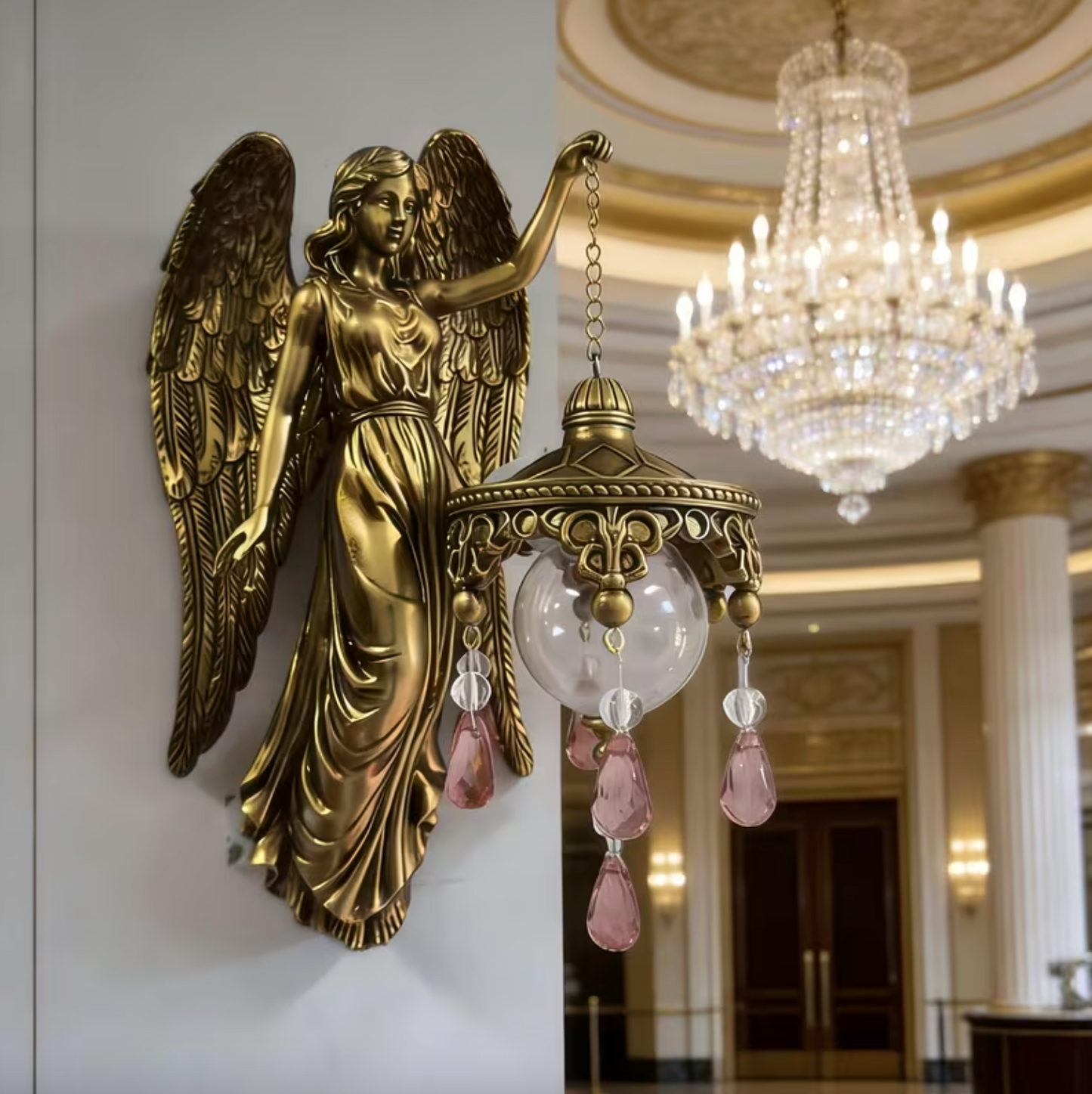 Angel Wall Lamp with Hanging Crystal Lantern, view 2