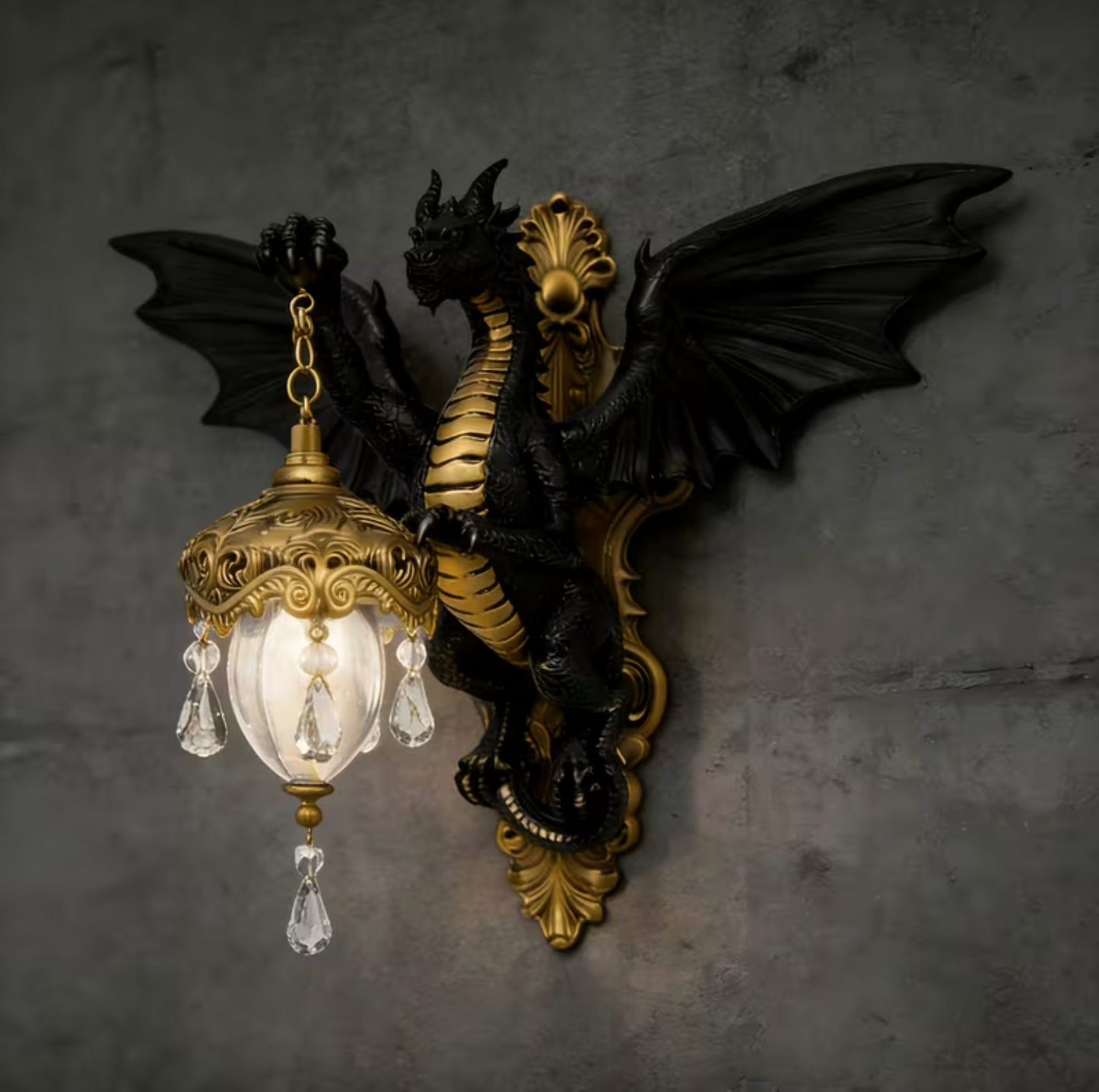 Gothic Dragon Wall Sconce with Lantern, Dark Bronze