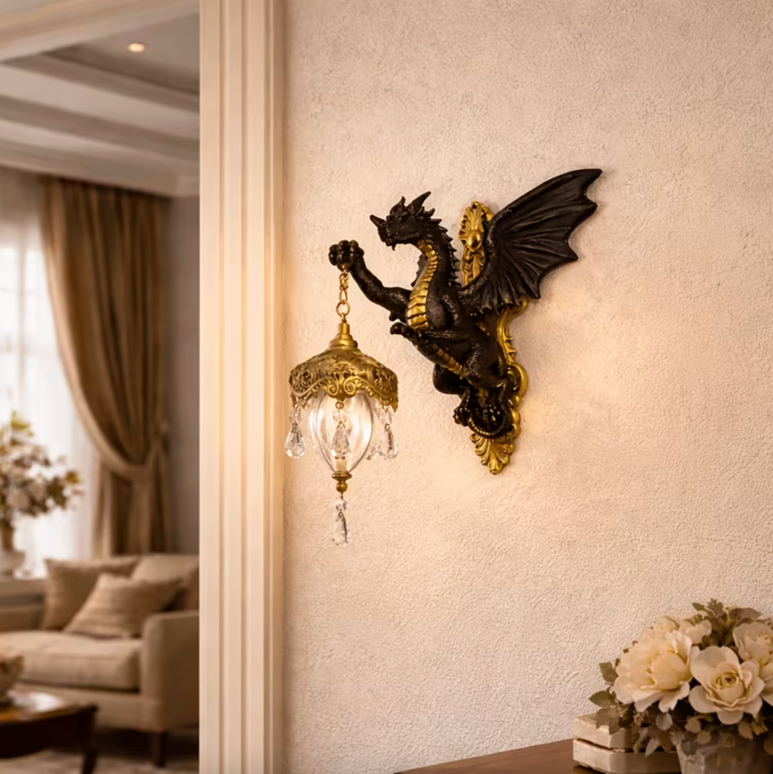 Gothic Dragon Wall Sconce with Lantern, Dark Bronze, view 5
