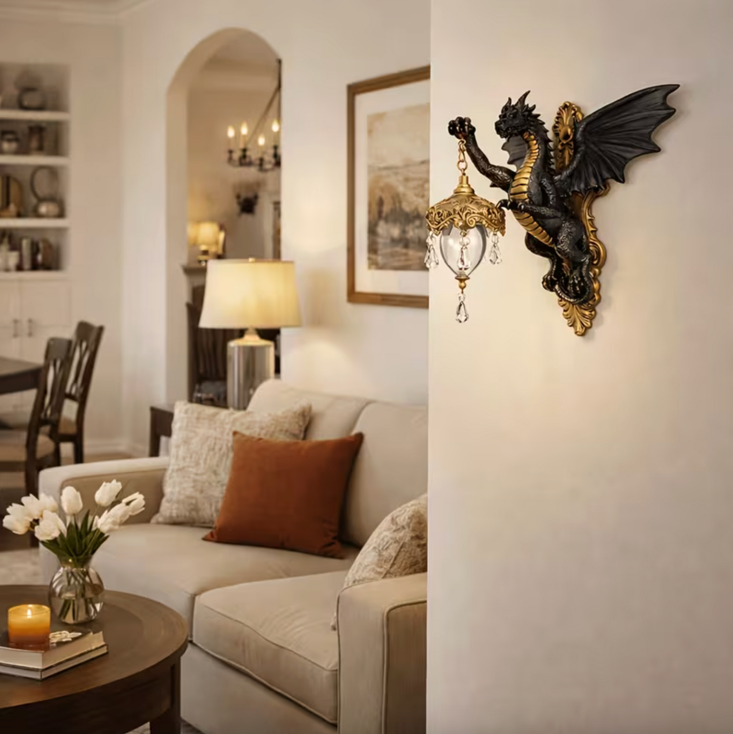 Gothic Dragon Wall Sconce with Lantern, Dark Bronze, view 3