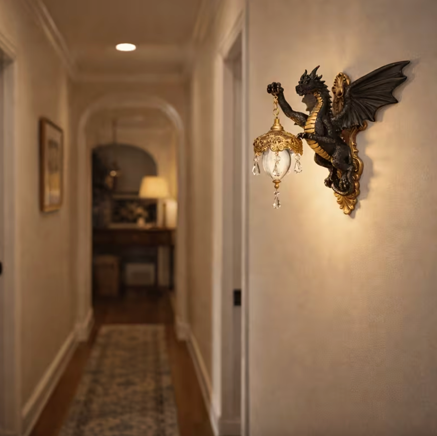 Gothic Dragon Wall Sconce with Lantern, Dark Bronze, view 4