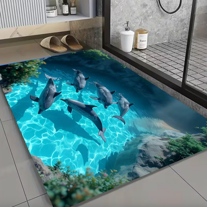 Dolphin Ocean Print Bath Mat, Non Slip Backing