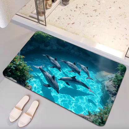 Dolphin Ocean Print Bath Mat, Non Slip Backing, view 3