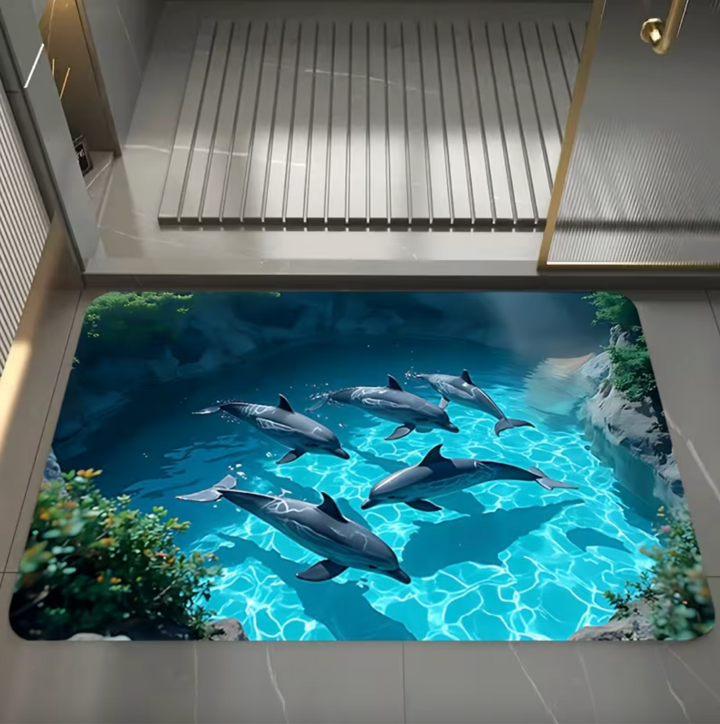 Dolphin Ocean Print Bath Mat, Non Slip Backing, view 4