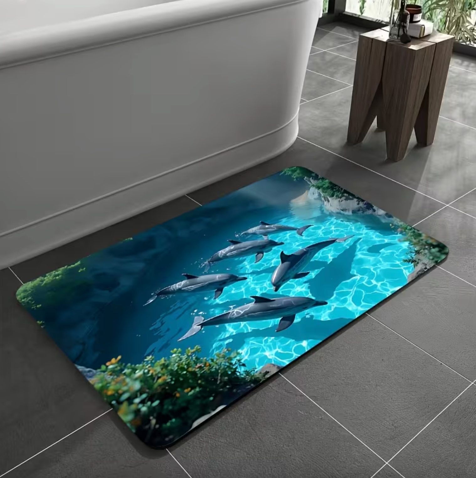 Dolphin Ocean Print Bath Mat, Non Slip Backing, view 5