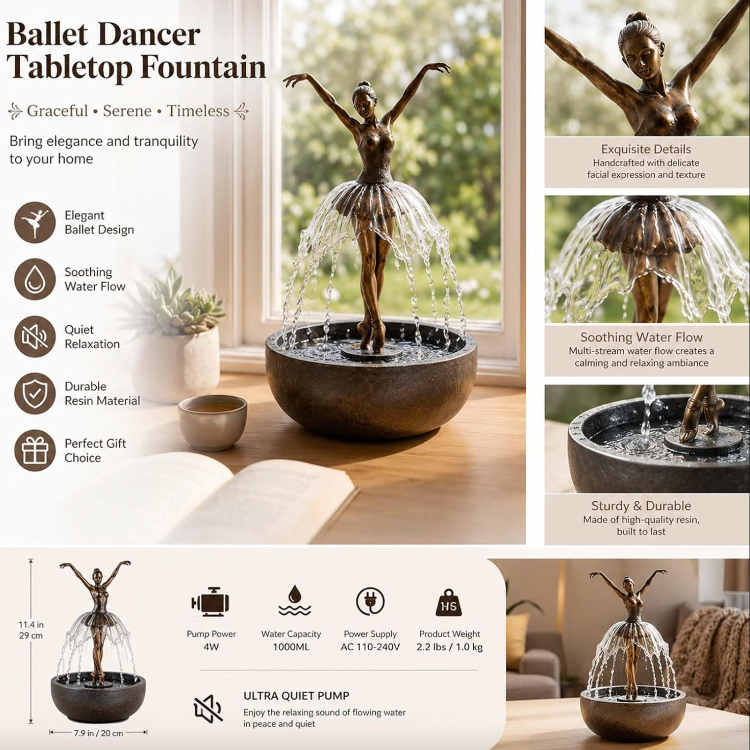 Ballerina Tabletop Water Fountain with Bluetooth Speaker, view 10