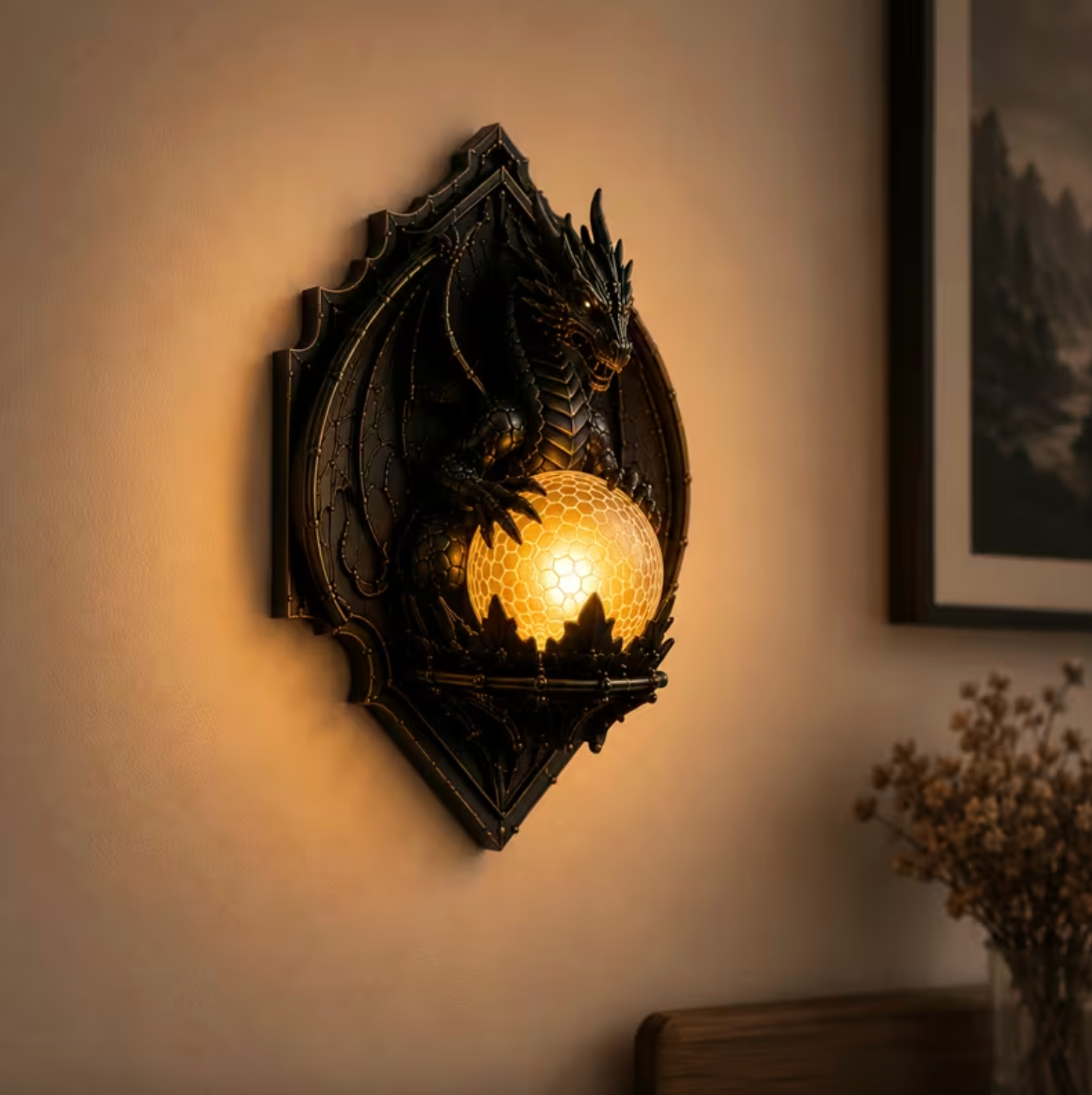 Cordless Dragon Wall Plaque Lamp with Lit Orb, view 3