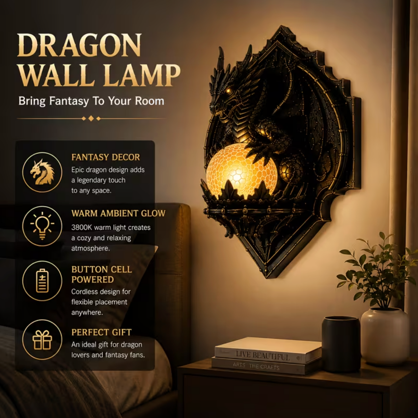 Cordless Dragon Wall Plaque Lamp with Lit Orb, view 6