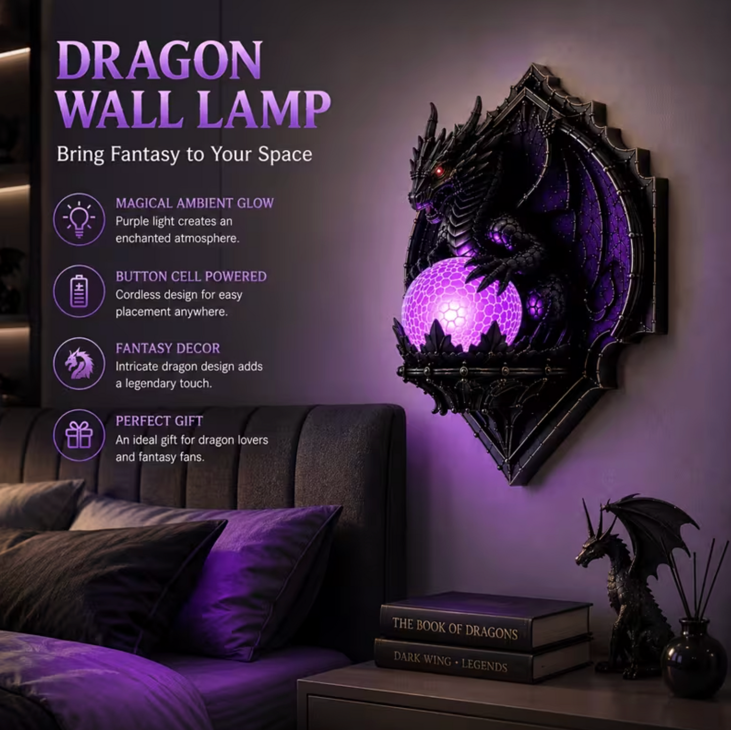 Cordless Dragon Wall Plaque Lamp with Lit Orb, view 5