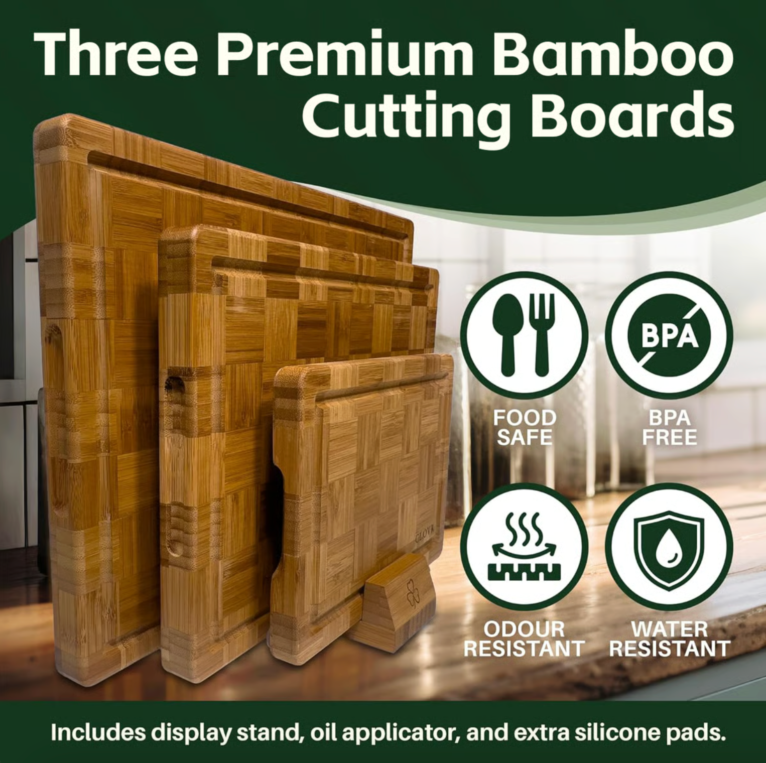 Bamboo Cutting Board Set of 3 with Stand and Oil, view 2