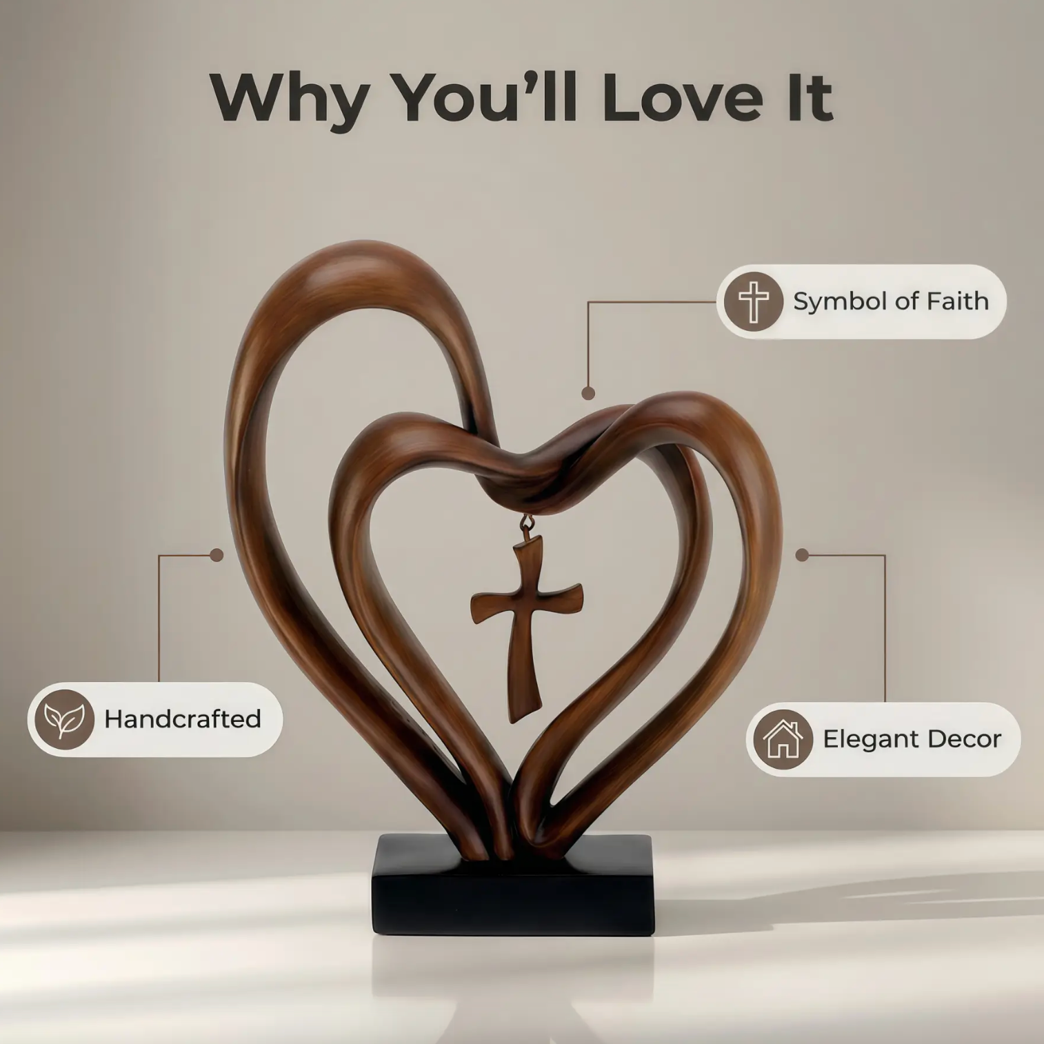 Entwined Heart and Cross Sculpture for a Wedding Gift, view 9