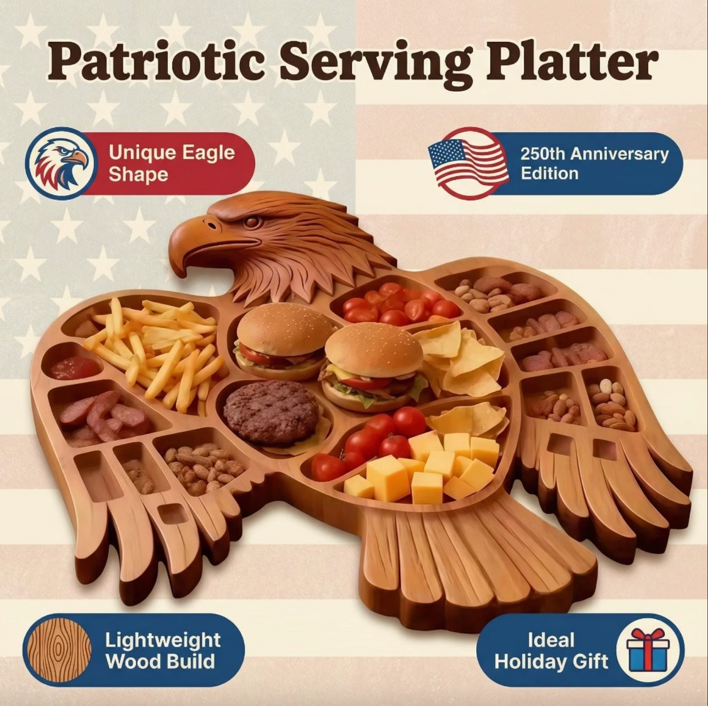 Eagle Shaped Wooden Charcuterie Board with Compartments, view 7