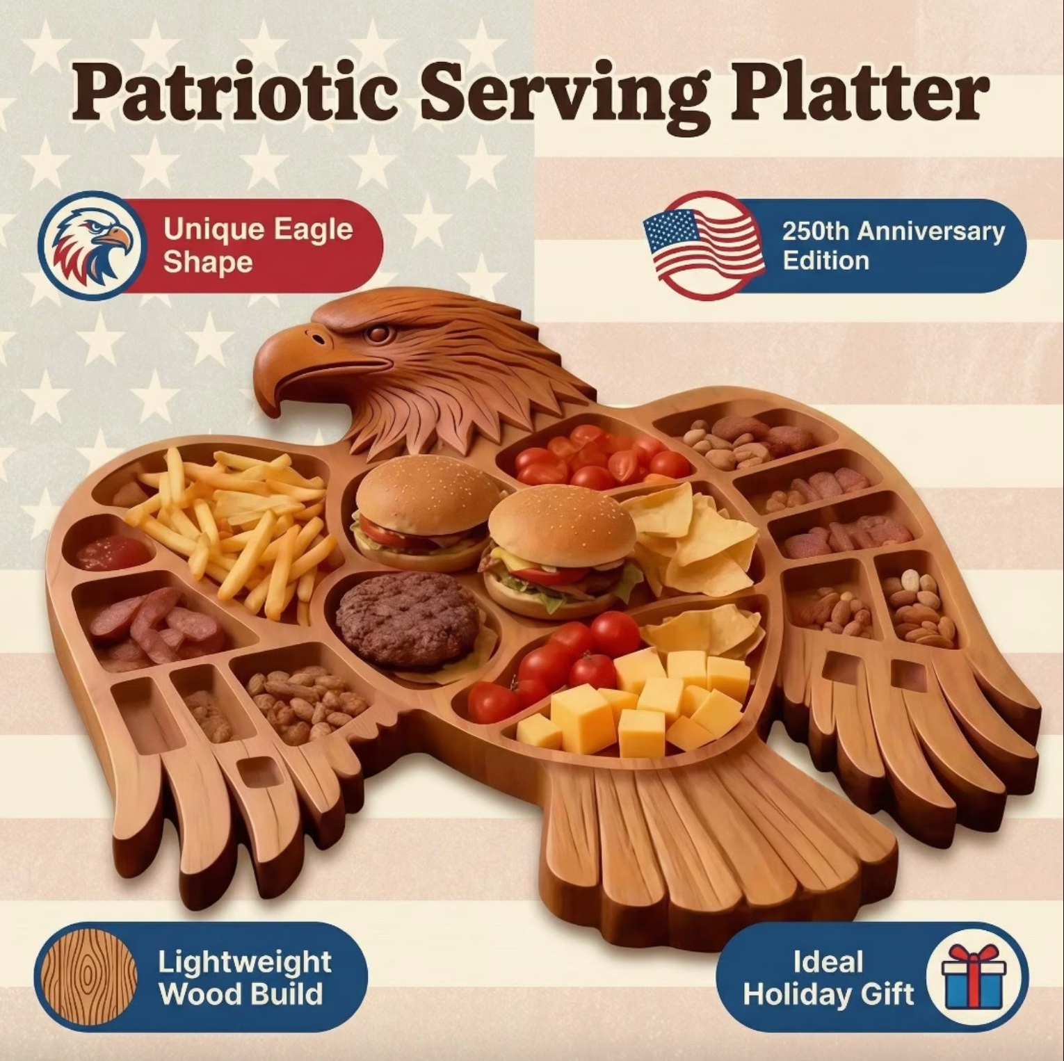 Eagle Shaped Wooden Charcuterie Board with Compartments, view 7