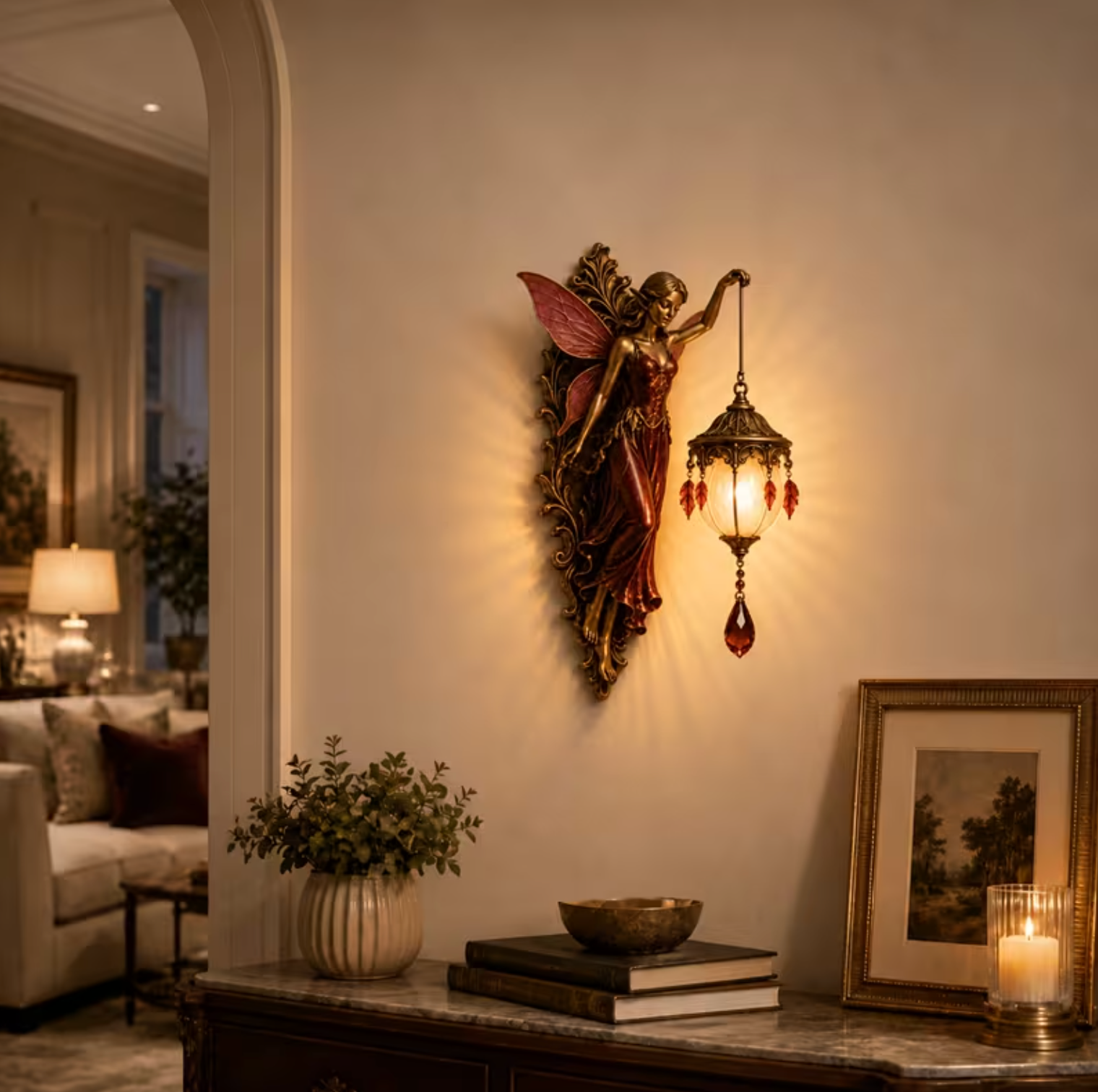 Fairy Wall Sconce with Lantern, Battery Powered Resin, view 17